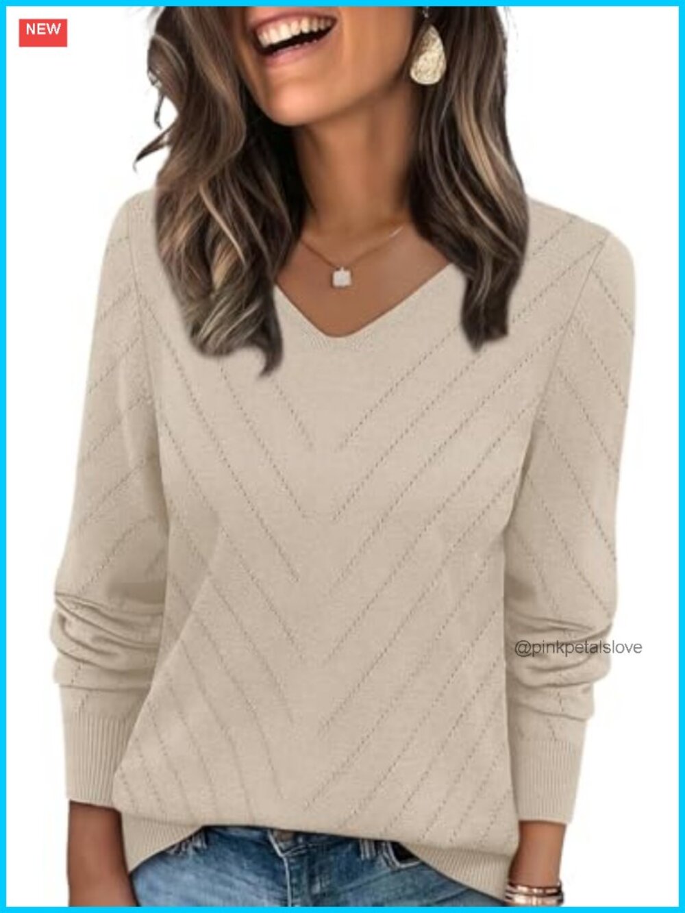 V Neck Knit Sweater Long Sleeve Lightweight Pullover Casual Fall Top